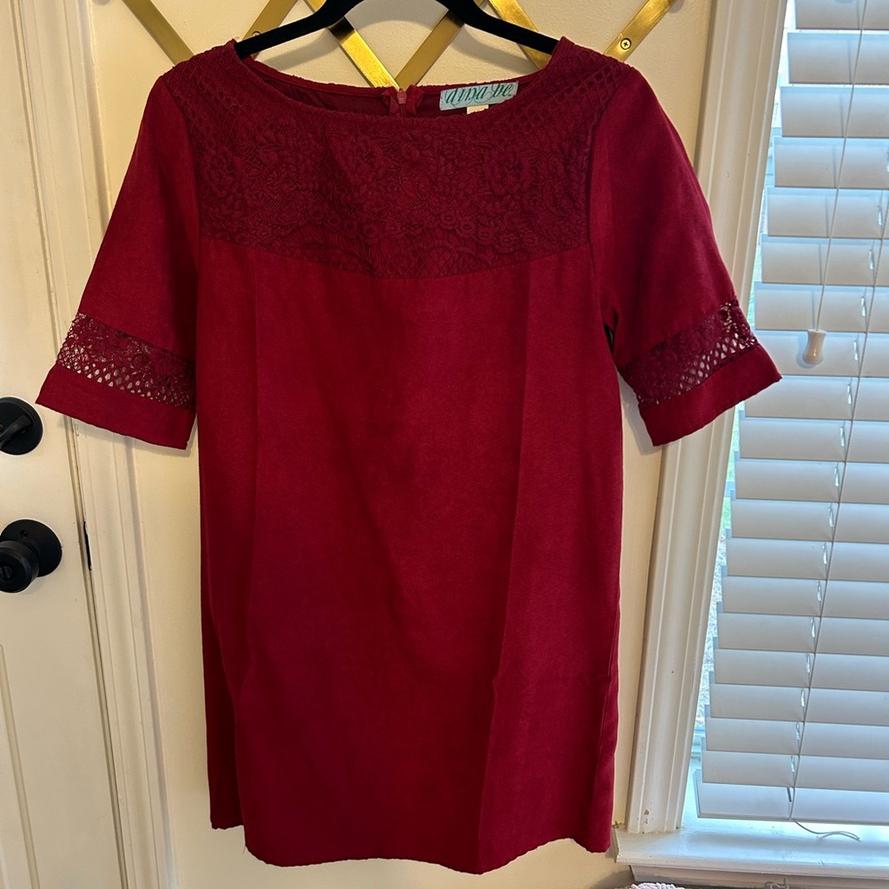 Maroon Francesca’s shirt dress with lace detailing